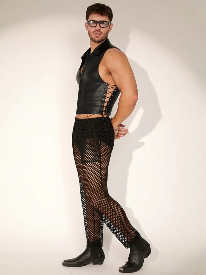 Men's Solid Color Lace Binding PU Leather tank Top